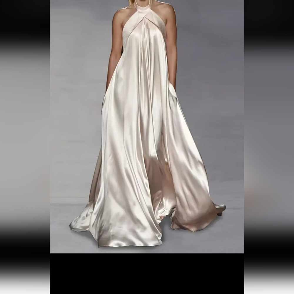 Elegant Cream Halter Neck Gown Formal Maxi Color Beige Woman Dress Flattering - Picture 4 of 7